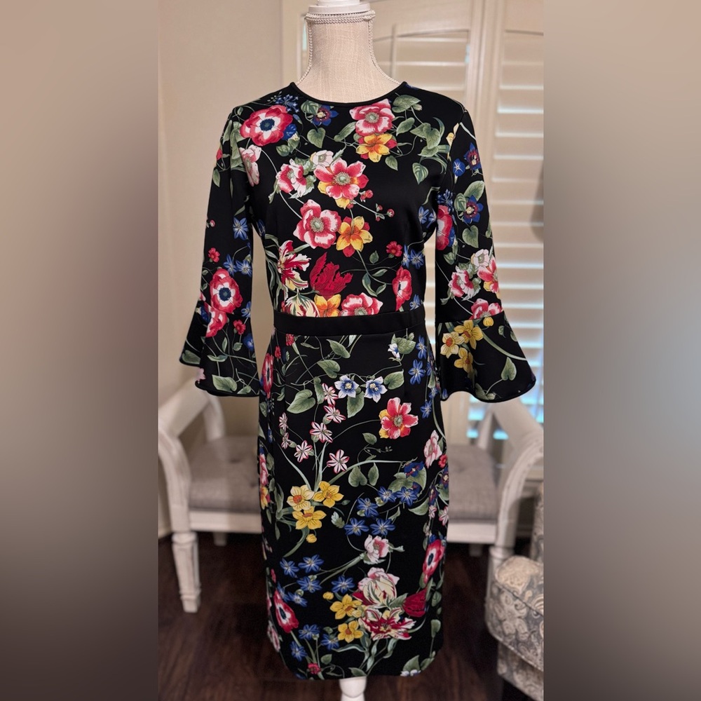 New York and Company Floral Black Sheath Dress with Bell Sleeves